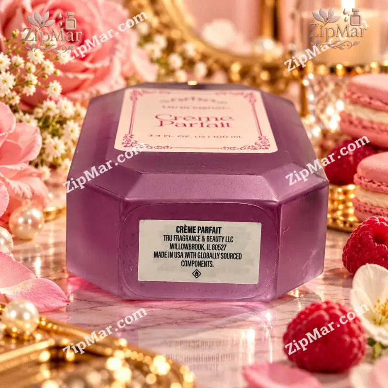 Bottom label of Tru Fragrance Crème Parfait bottle showing Tru Fragrance & Beauty LLC Willowbrook IL Made in USA