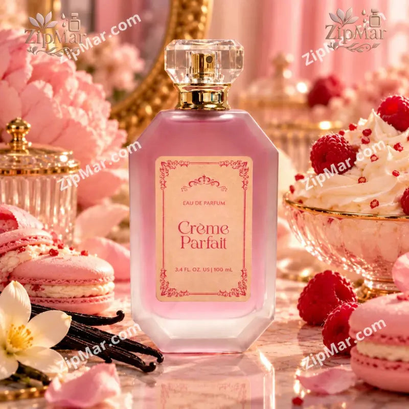 Tru Fragrance Crème Parfait Eau de Parfum 3.4 fl oz frosted pink bottle surrounded by macaroons and raspberries