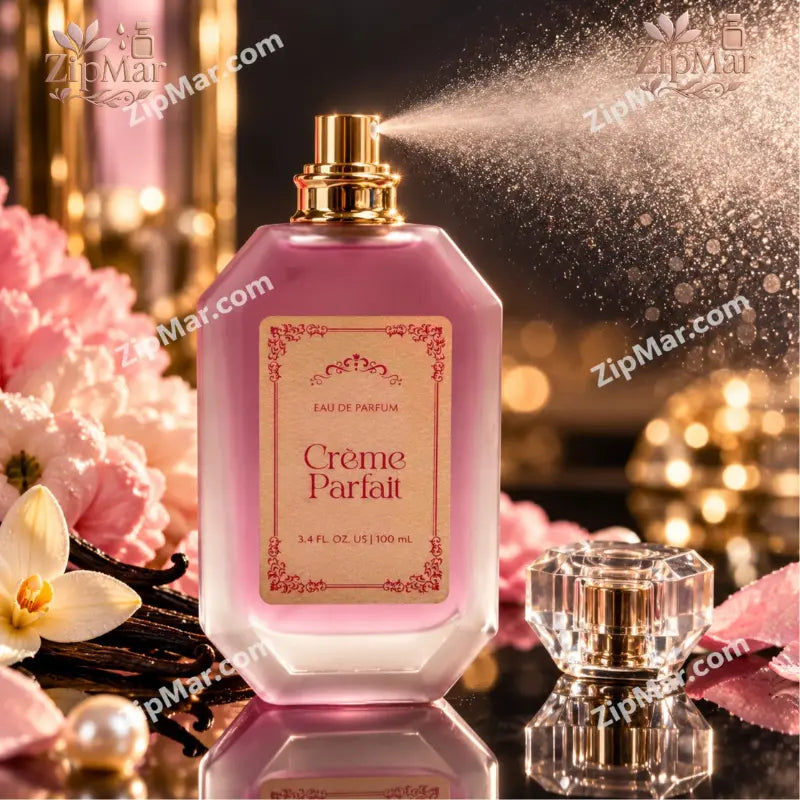Tru Fragrance Crème Parfait Eau de Parfum bottle with spray nozzle spraying mist and jewel cap removed