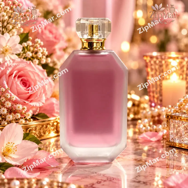 Unlabeled back view of Tru Fragrance Crème Parfait frosted pink glass perfume bottle