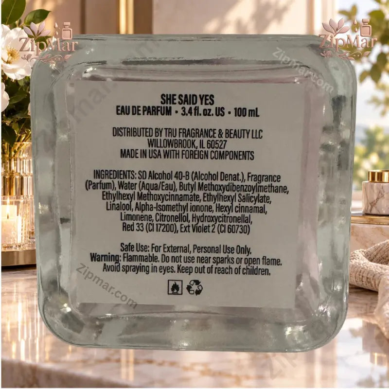 Tru Fragrance Element Edition VIII She Said Yes EDP back label showing Tru Fragrance & Beauty LLC info