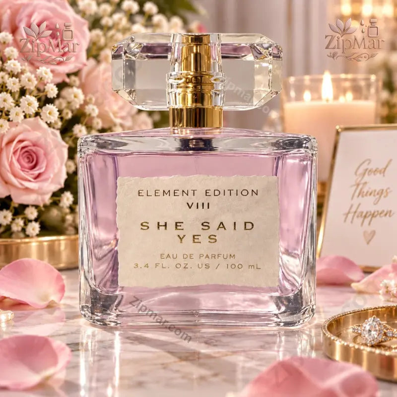 Tru Fragrance Element Edition VIII She Said Yes Eau de Parfum 3.4 oz blush bottle with pink roses and engagement ring