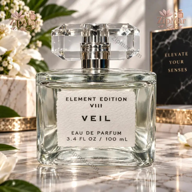 Tru Fragrance Element Edition VIII Veil Eau de Parfum 100 mL clear rectangular glass bottle with faceted crystal cap front view on marble