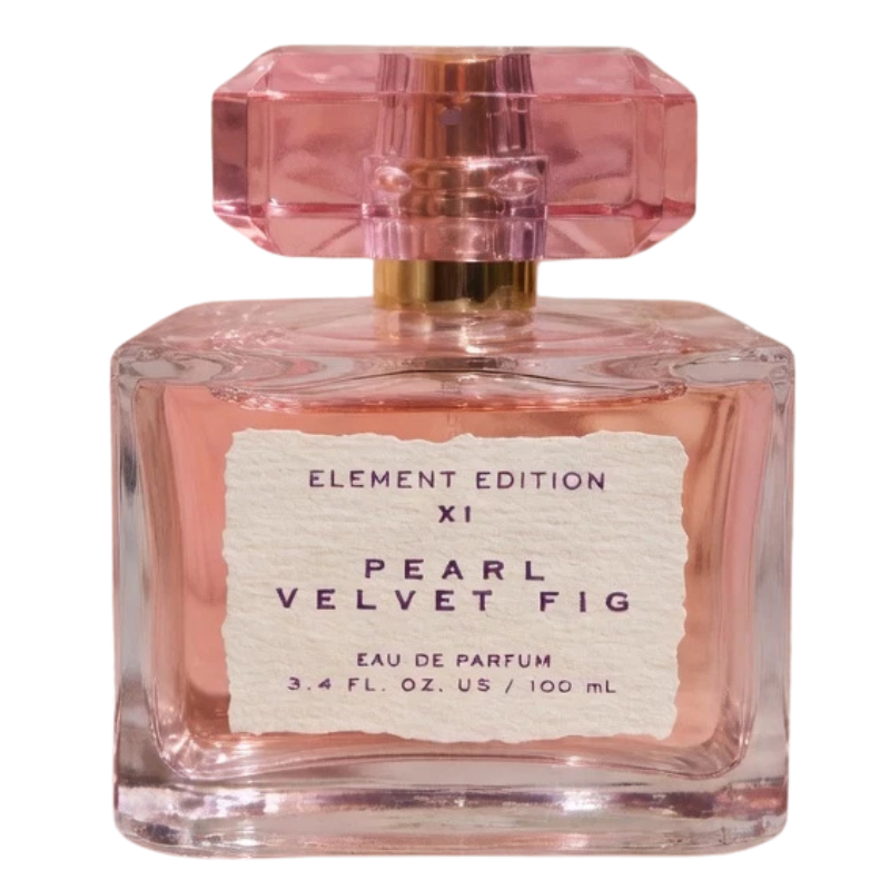 Tru Fragrance Element Edition XI Pearl Velvet Fig Eau de Parfum 3.4 oz bottle with pink glass and crystalline cap.