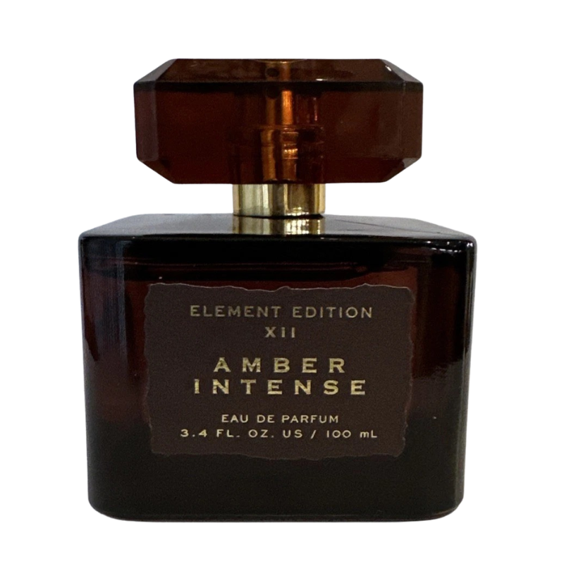 Front view of Tru Fragrance Element Edition XII Amber Intense Eau De Parfum 3.4 oz bottle with signature amber geometric cap