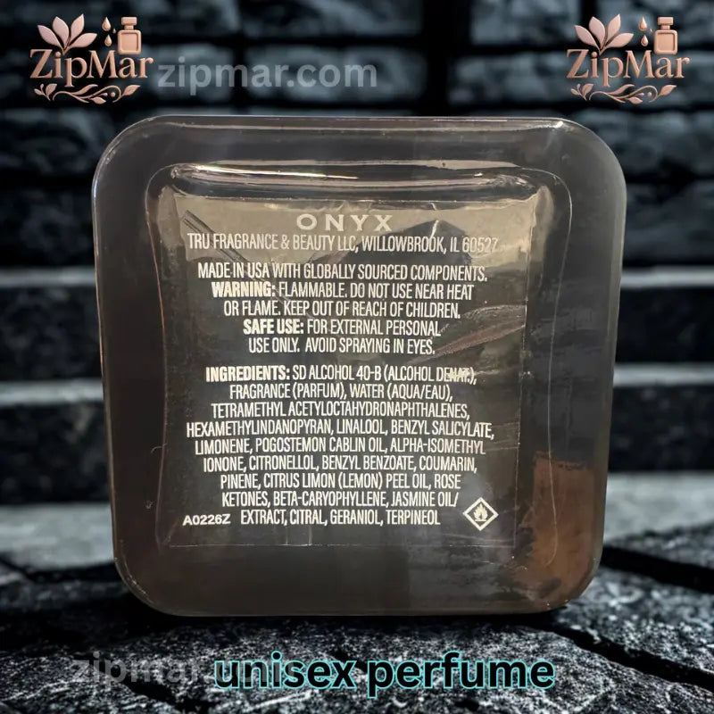 Bottom label of Tru Fragrance Element Edition XIII Onyx EDP bottle showing ingredients and MPN A0226Z