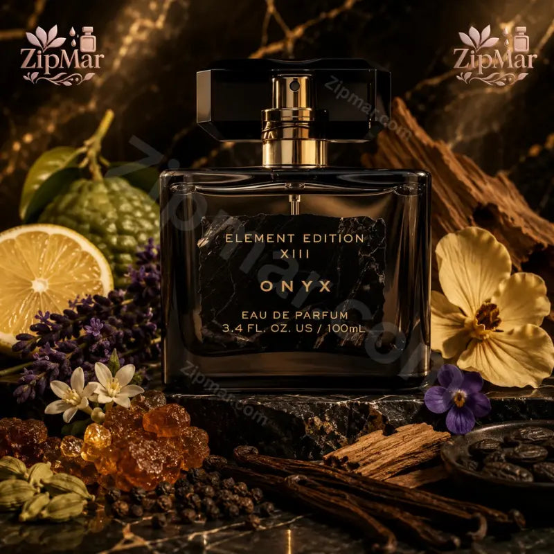Tru Fragrance Element Edition XIII Onyx Eau de Parfum bottle surrounded by ingredients and botanical notes