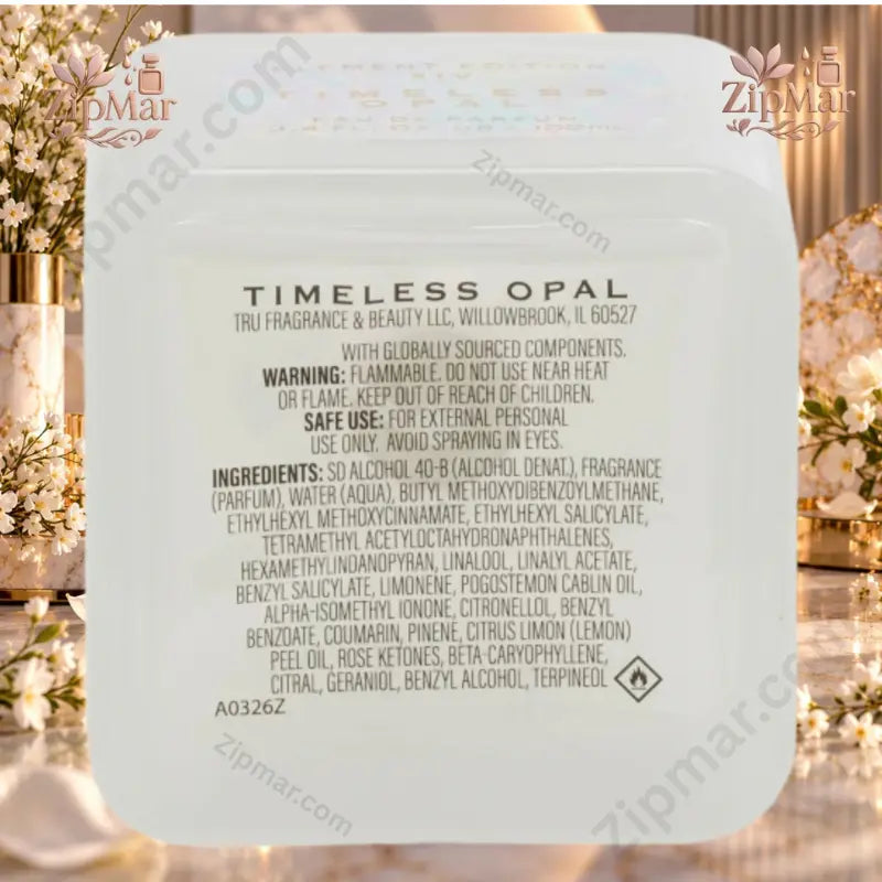 Tru Fragrance Timeless Opal EDP back label showing ingredients and Tru Fragrance & Beauty LLC info