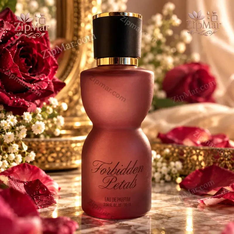 Tru Fragrance Forbidden Petals EDP 90mL frosted wine-red hourglass bottle with cursive script and red roses