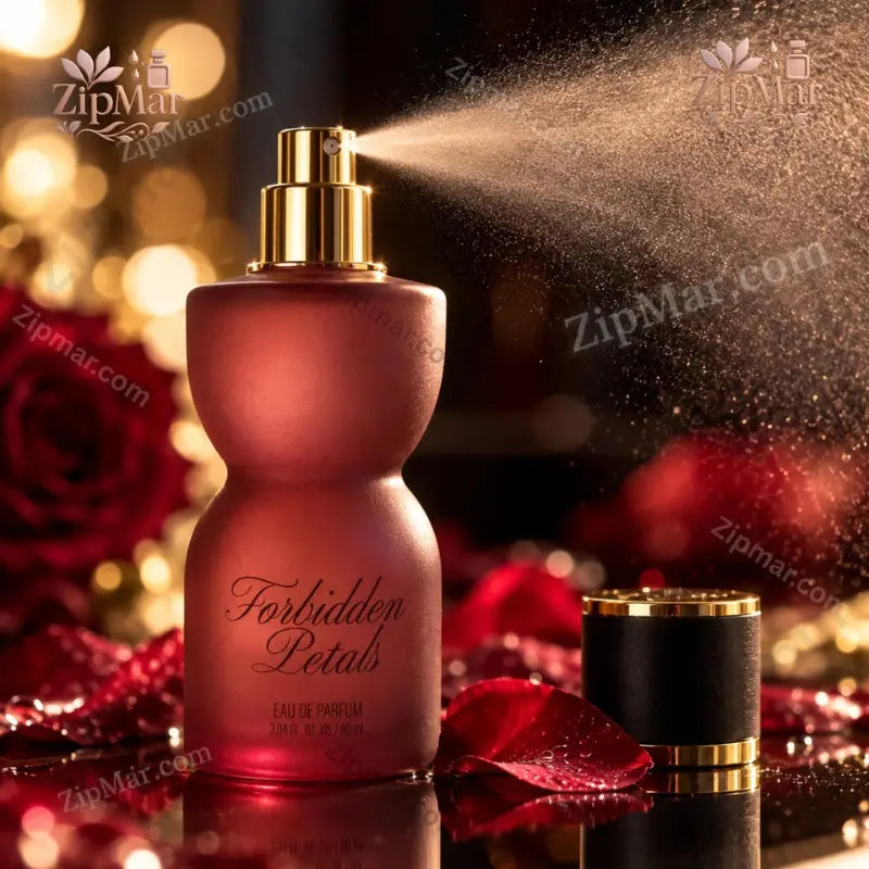 Tru Fragrance Forbidden Petals Eau de Parfum 3.04 oz being sprayed with gold bokeh and deep red roses
