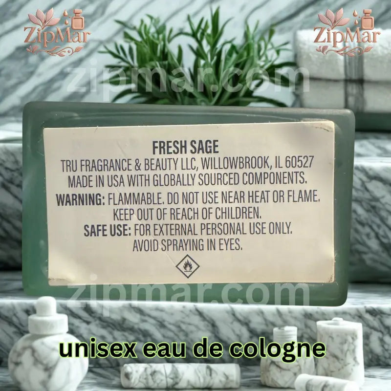 Bottom label of Tru Fragrance Fresh Sage 003 EDC bottle showing manufacturing details