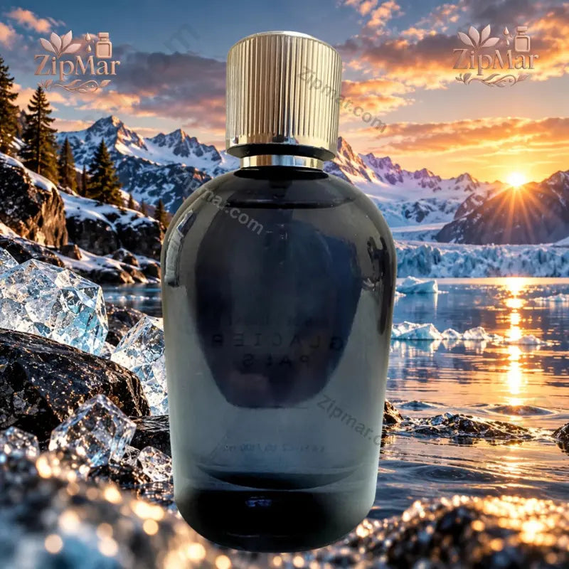 Tru Fragrance Glacier Pass Eau de Cologne dark navy bottle back view with glacier mountain backdrop