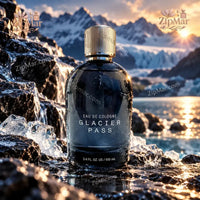 Thumbnail for Tru Fragrance Glacier Pass Eau de Cologne 3.4 oz dark navy rounded glass bottle with silver ribbed cap in glacier setting