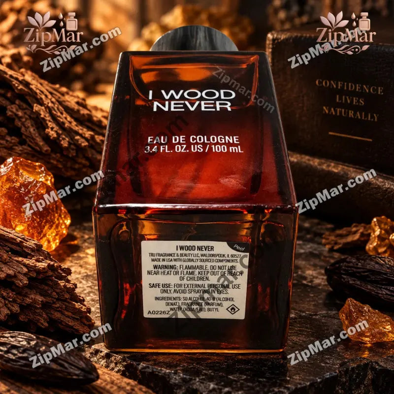 Base of Tru Fragrance I Wood Never bottle with warning label, ingredients and lot code A0226Z
