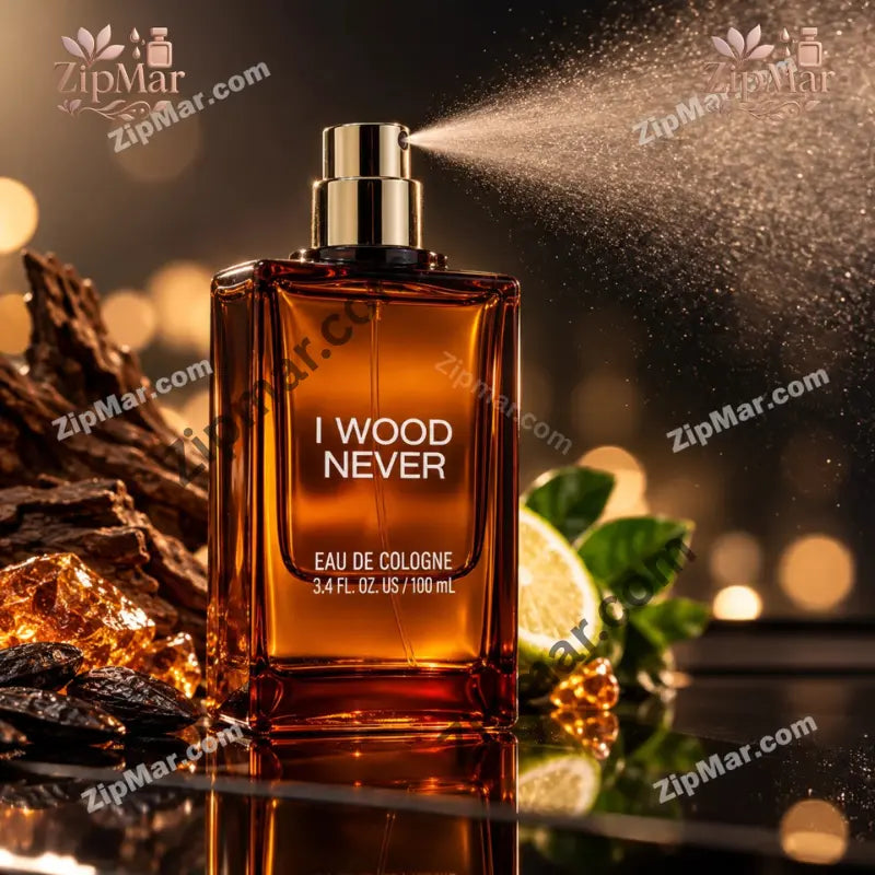Tru Fragrance I Wood Never eau de cologne 3.4 fl oz spraying from a gold atomizer
