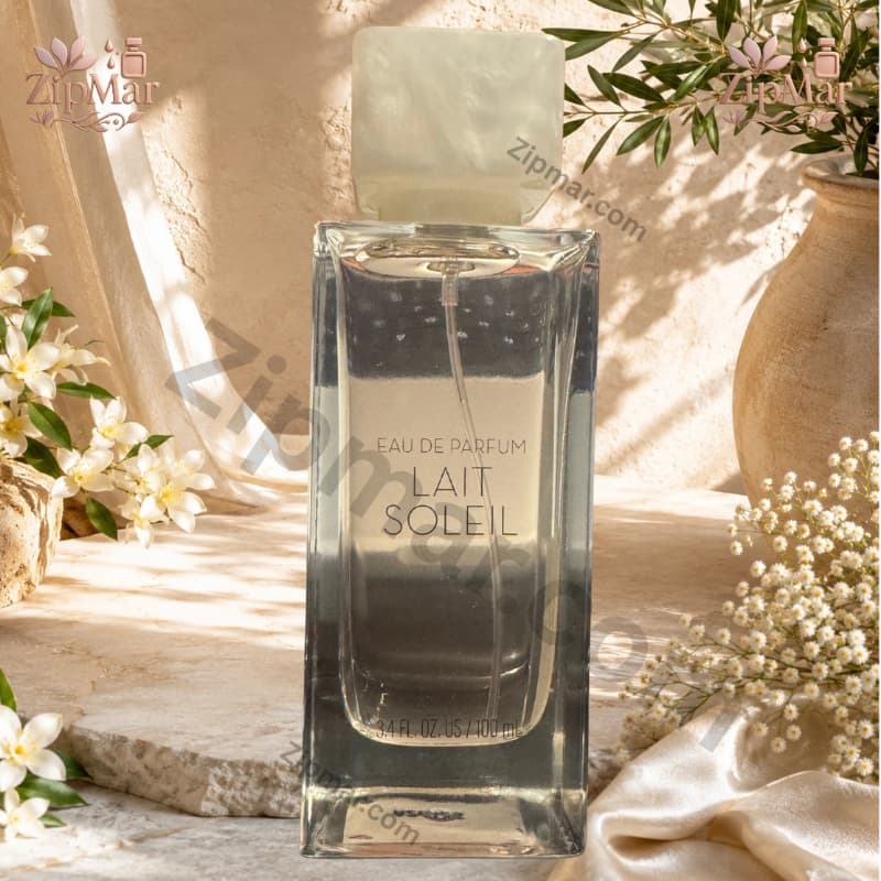 Backlit glass view of Tru Fragrance Lait Soleil Eau de Parfum 3.4 fl oz bottle