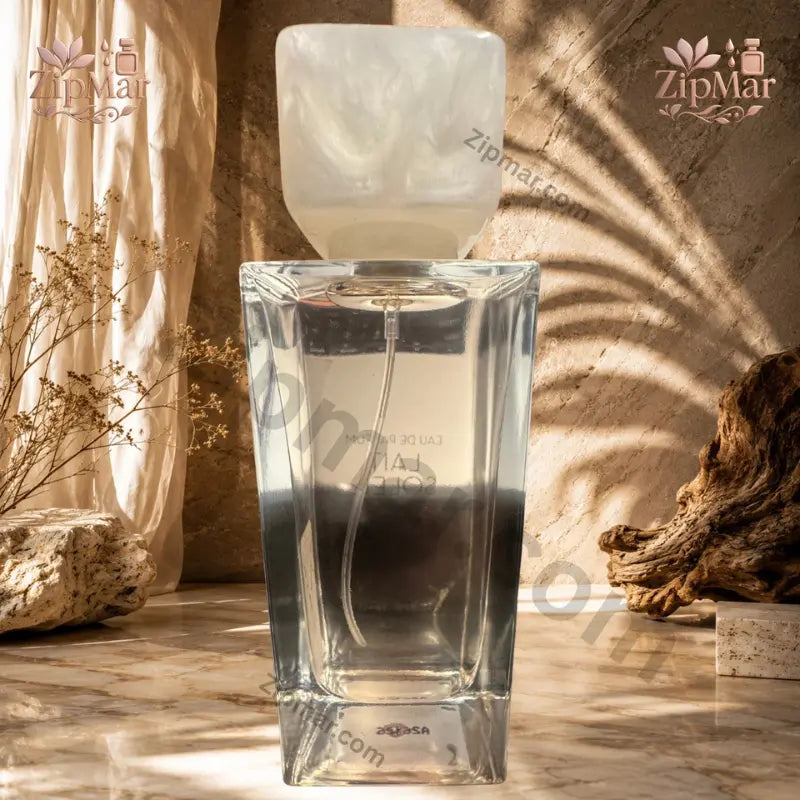Straight-on view of Tru Fragrance Lait Soleil Eau de Parfum bottle with marble cap