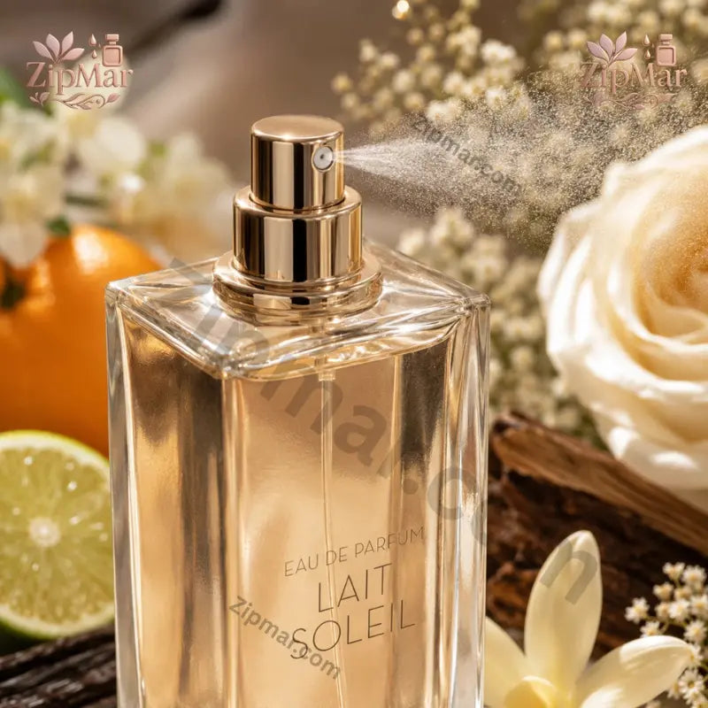 Front view of Tru Fragrance Lait Soleil 3.4 fl oz bottle styled with floral ingredients