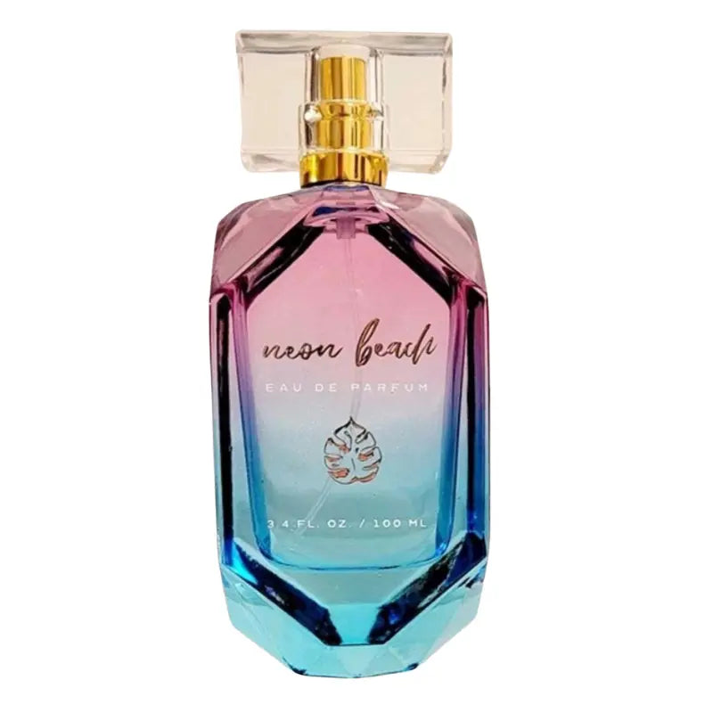 Front view of Tru Fragrance Neon Beach Eau De Parfum 3.4 oz gradient purple and blue bottle.