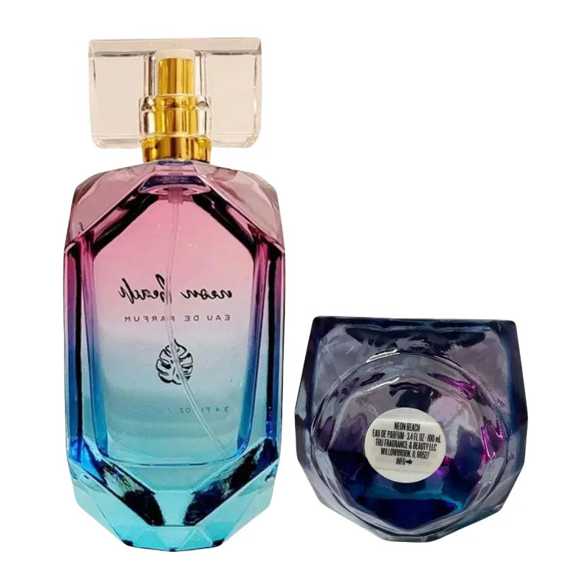 Detailed view of Neon Beach Eau De Parfum 100ml bottle showing tropical leaf logo.