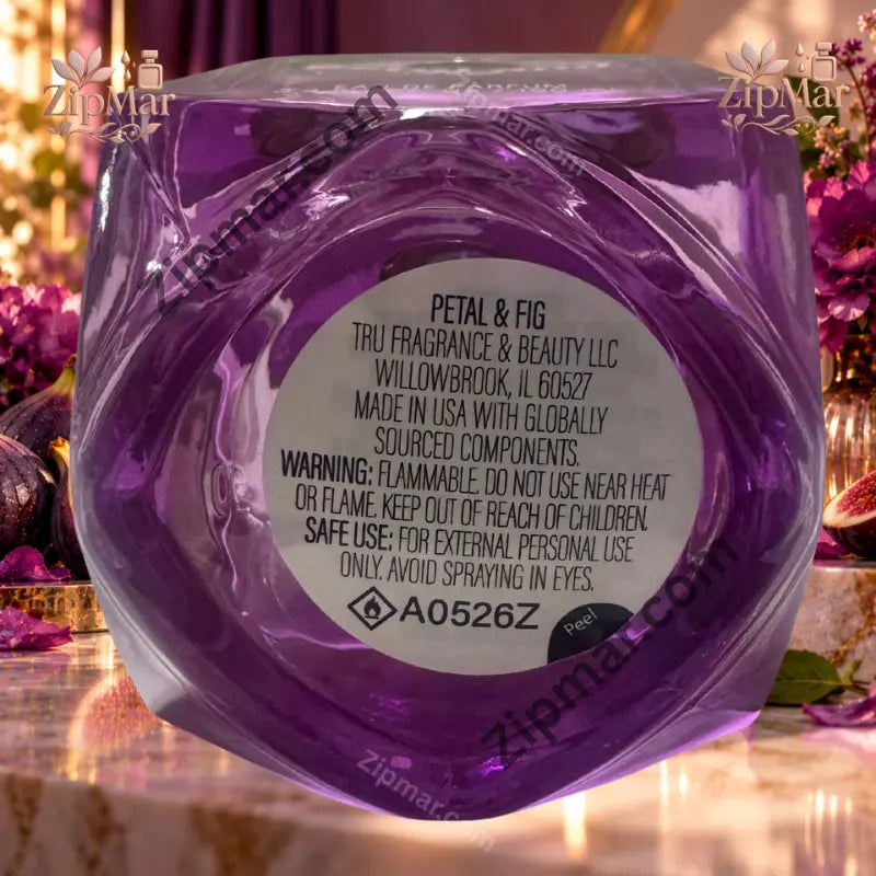 Base of Tru Fragrance Petal and Fig bottle with sticker showing Tru Fragrance & Beauty LLC, Willowbrook IL and made in USA text