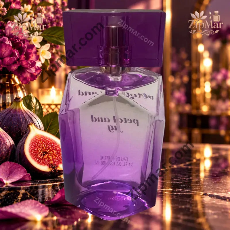 Back of Tru Fragrance Petal and Fig 3.4 fl oz eau de parfum purple faceted bottle with square purple cap among figs and flowers