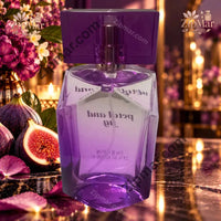 Thumbnail for Back of Tru Fragrance Petal and Fig 3.4 fl oz eau de parfum purple faceted bottle with square purple cap among figs and flowers