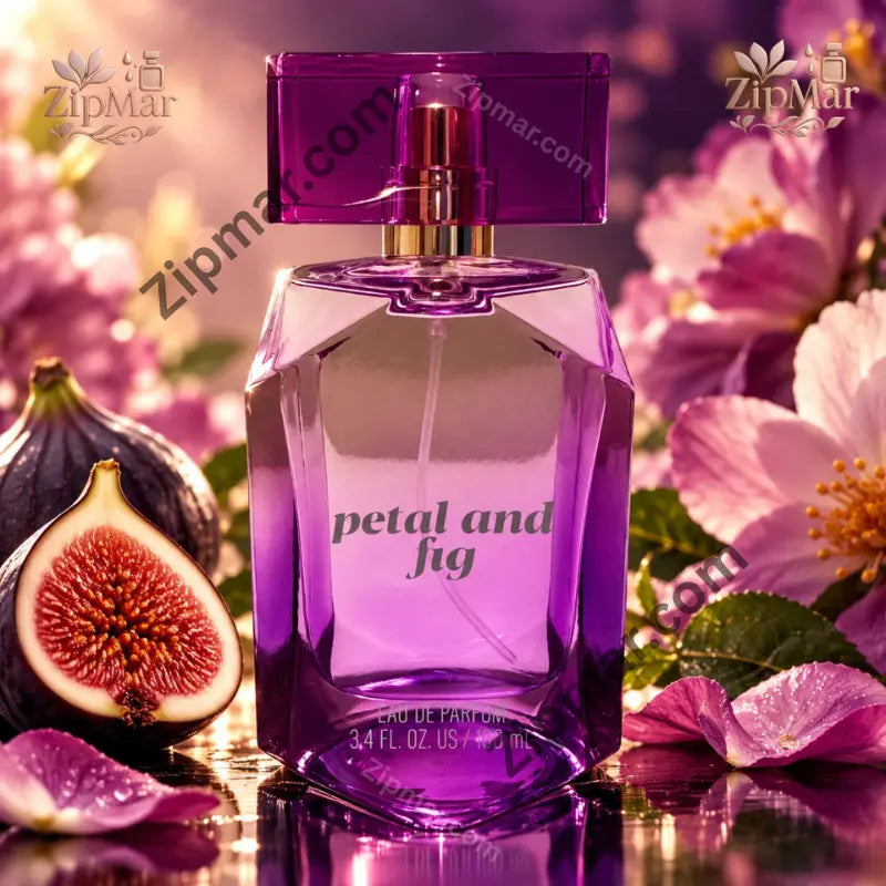 Tru Fragrance Petal and Fig eau de parfum in a faceted purple bottle with fresh figs and pink flower petals