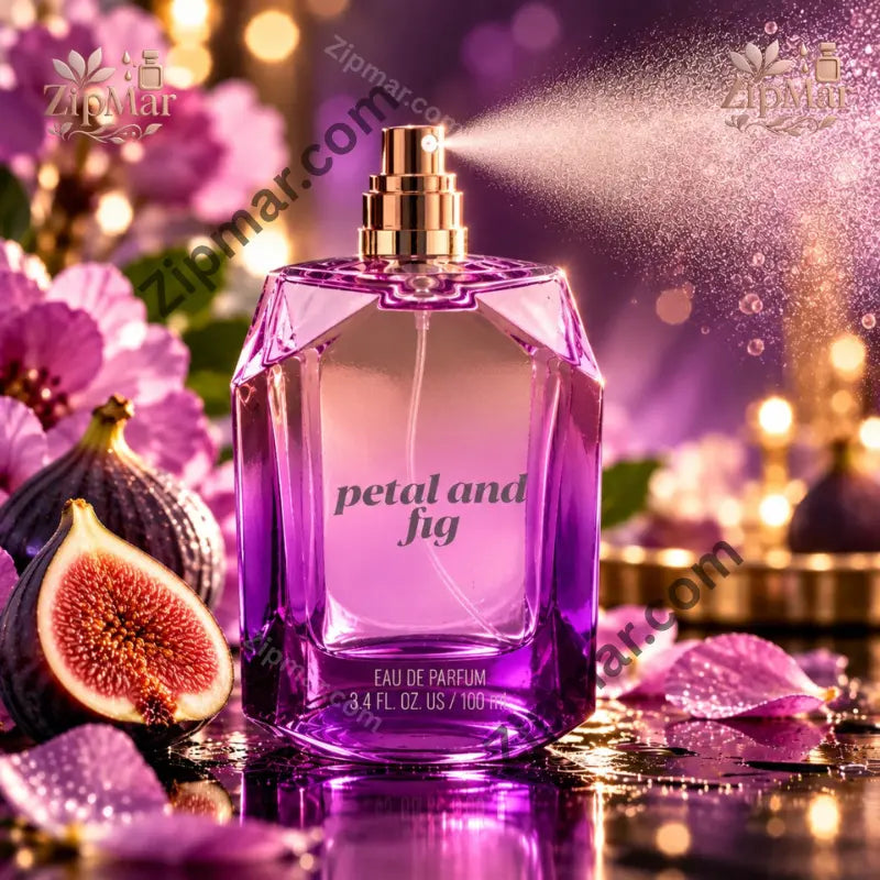 Tru Fragrance Petal and Fig eau de parfum bottle spraying a fine mist beside purple flowers and a halved fig
