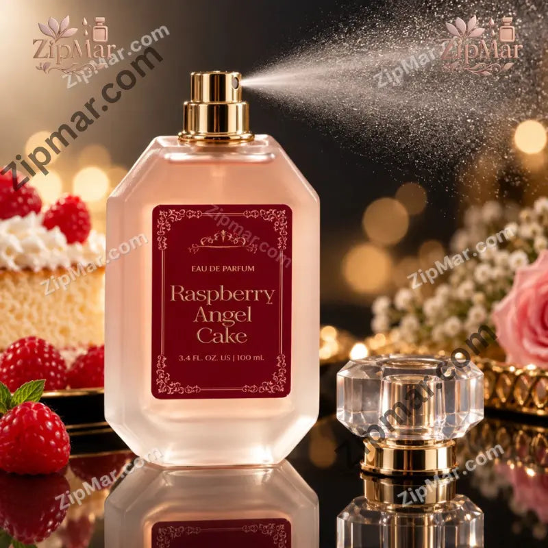 Tru Fragrance Raspberry Angel Cake eau de parfum 3.4 fl oz bottle spraying mist with cap removed