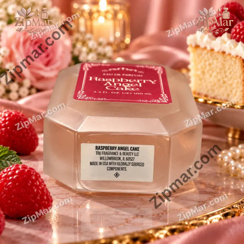 Base of Tru Fragrance Raspberry Angel Cake bottle showing Tru Fragrance & Beauty LLC and Made in USA label