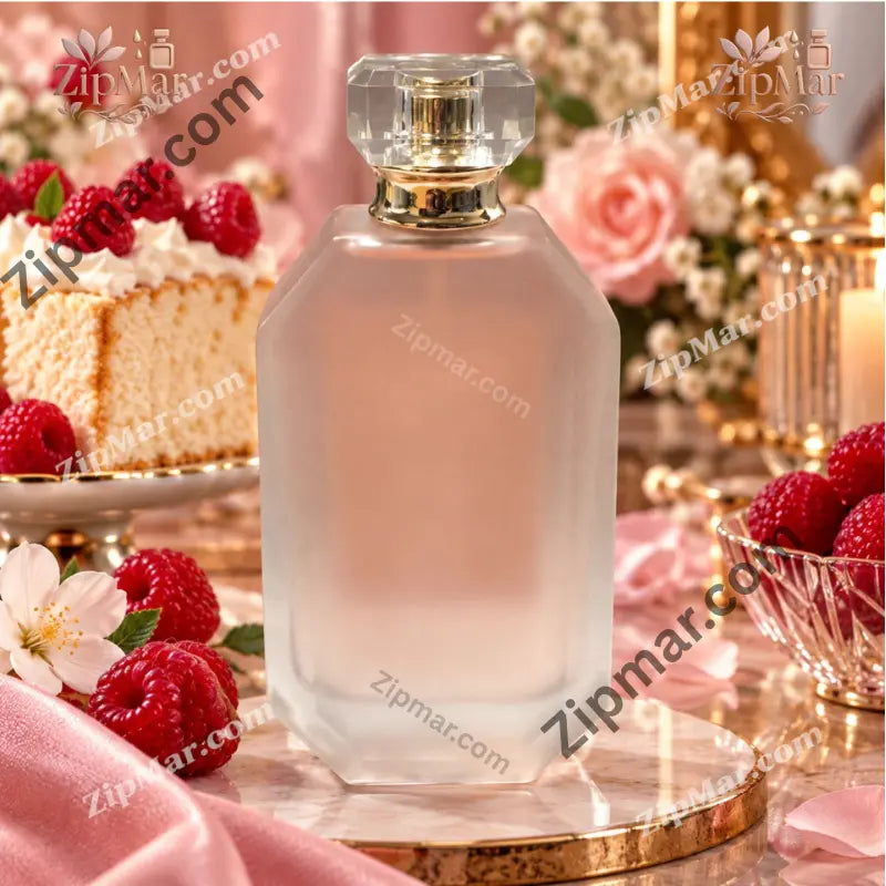 Frosted pink gem cut bottle of Tru Fragrance Raspberry Angel Cake with clear faceted cap