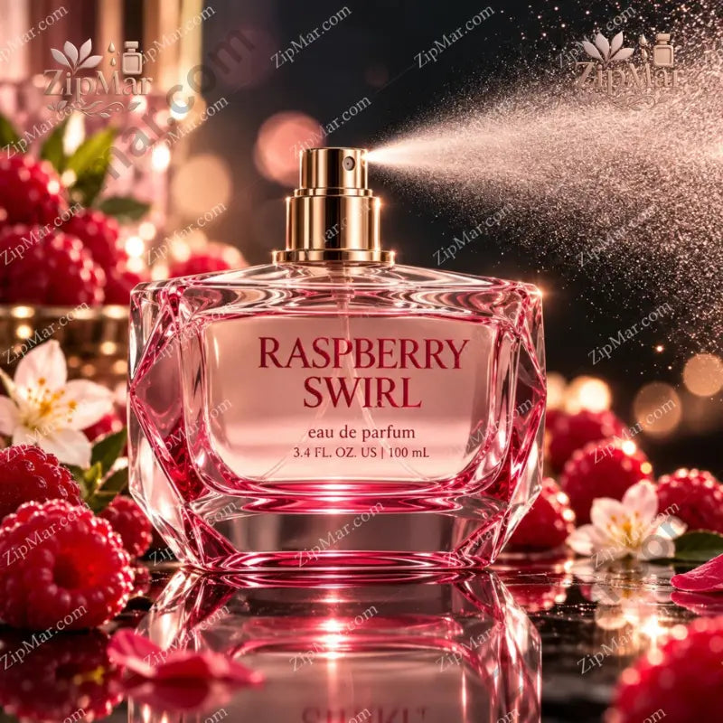 Tru Fragrance & Beauty Raspberry Swirl EDP 3.4 oz pink geometric bottle front view with raspberry and floral styling