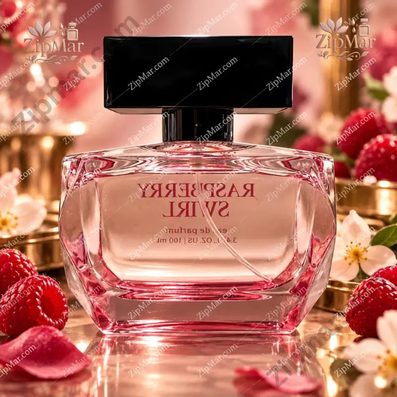 Tru Fragrance & Beauty Raspberry Swirl Eau de Parfum 3.4 oz pink faceted bottle lifestyle mirror reflection with raspberries and rose petals