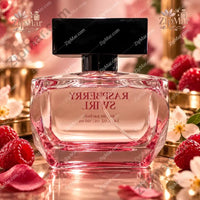 Thumbnail for Tru Fragrance & Beauty Raspberry Swirl Eau de Parfum 3.4 oz pink faceted bottle lifestyle mirror reflection with raspberries and rose petals