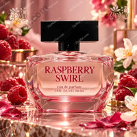 Thumbnail for Tru Fragrance & Beauty Raspberry Swirl Eau de Parfum 3.4 oz bottle with mist spray surrounded by fresh raspberries and white flowers