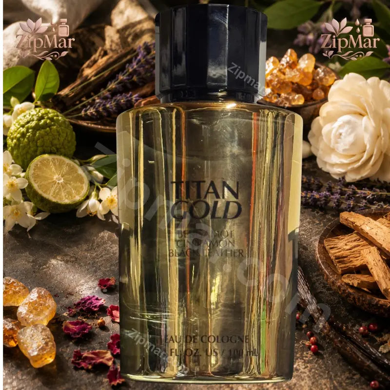 Front view of Tru Fragrance Titan Gold Eau de Cologne 3.4 fl oz bottle styled with ingredients