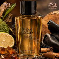 Thumbnail for Angle view of Titan Gold Eau de Cologne bottle with bergamot, cinnamon sticks, and leather