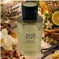 Thumbnail for Front display of Titan Gold Eau de Cologne bottle framed by black leather and spices
