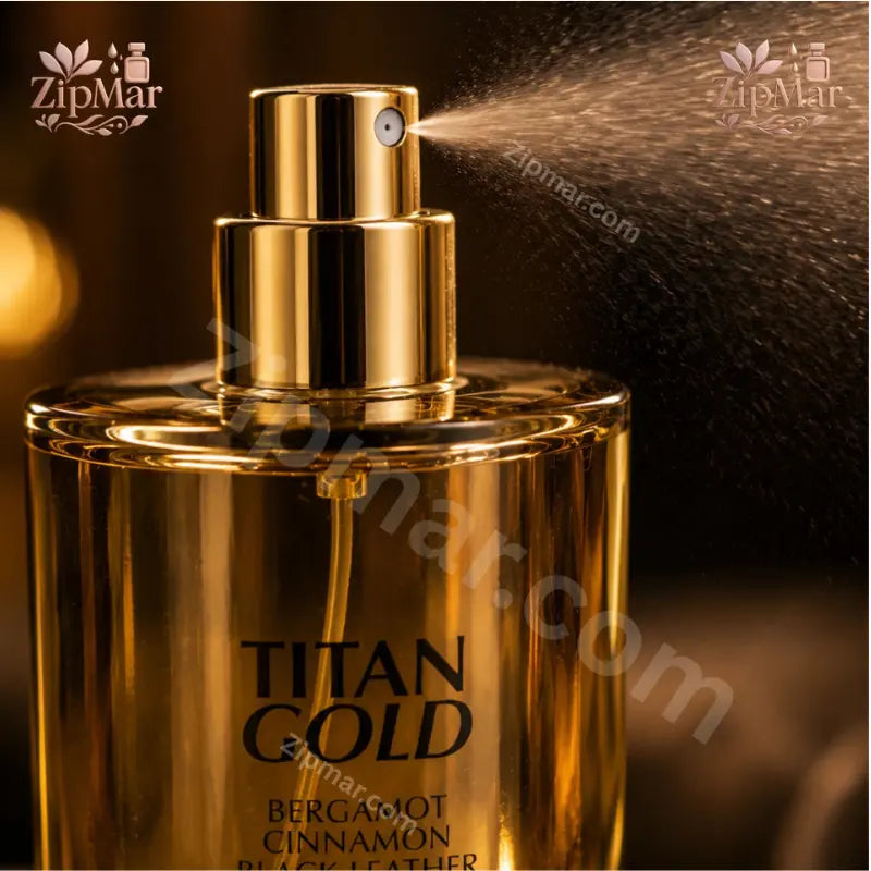 Close-up spray mist view of Tru Fragrance Titan Gold cologne gold atomizer nozzle