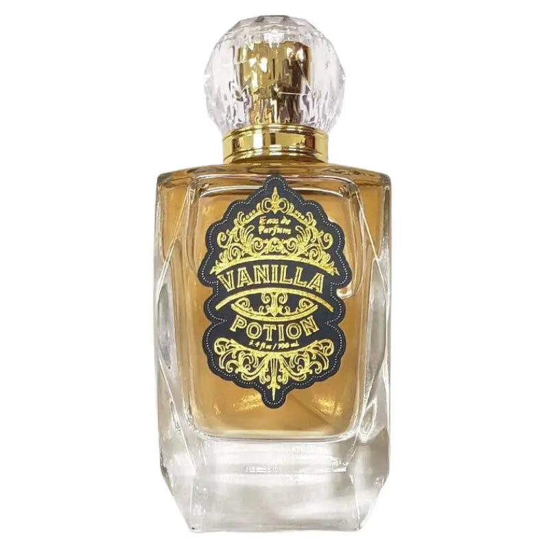 A detailed frontal view of the faceted glass bottle containing the warm amber Tru Fragrance Vanilla Potion Eau de Parfum 3.4 oz liquid.