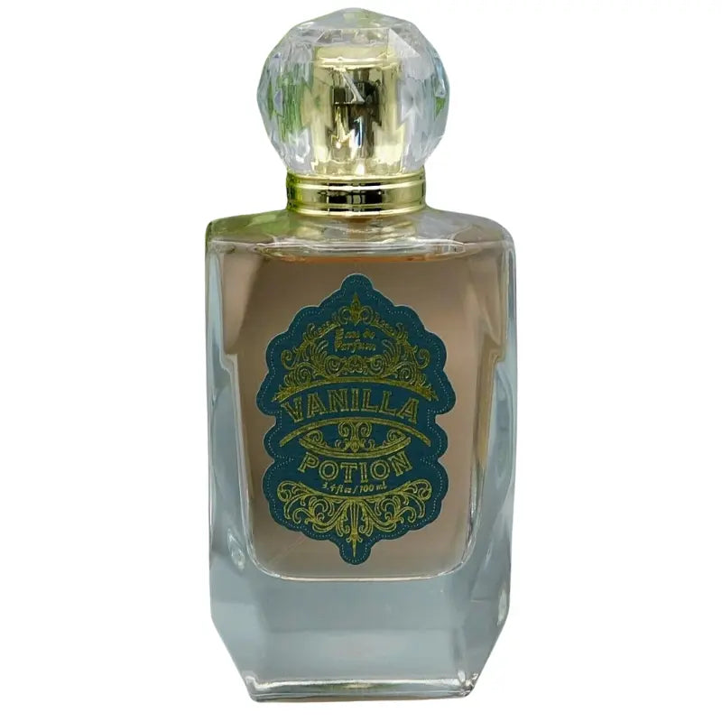 A 3.4 oz bottle of Tru Fragrance Vanilla Potion Eau de Parfum women’s perfume with an ornate label and crystal-like cap on a white background.