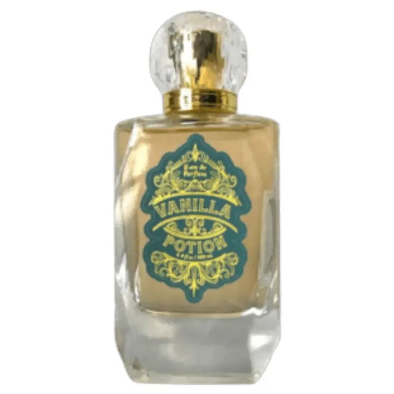 An angled perspective highlighting the unique, multi-faceted crystal-like cap and golden collar of the Tru Fragrance Vanilla Potion perfume bottle.