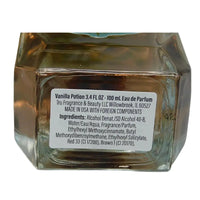 Thumbnail for Close-up of the white circular sticker on the bottom of the Tru Fragrance Vanilla Potion EDP bottle, showing ingredients and 