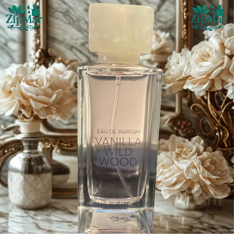 Front view of Tru Fragrance Vanilla Wild Wood Eau de Parfum 3.4 fl oz bottle with marble cap