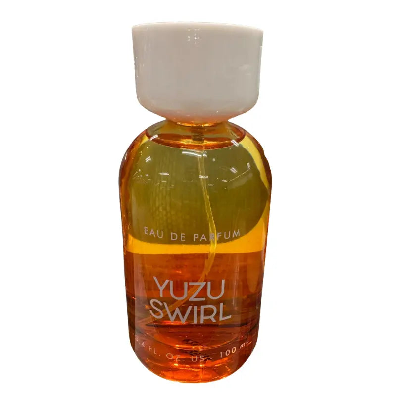 Front view of Tru Fragrance Yuzu Swirl Eau de Parfum 3.4 oz bottle with vibrant yellow-to-orange gradient.