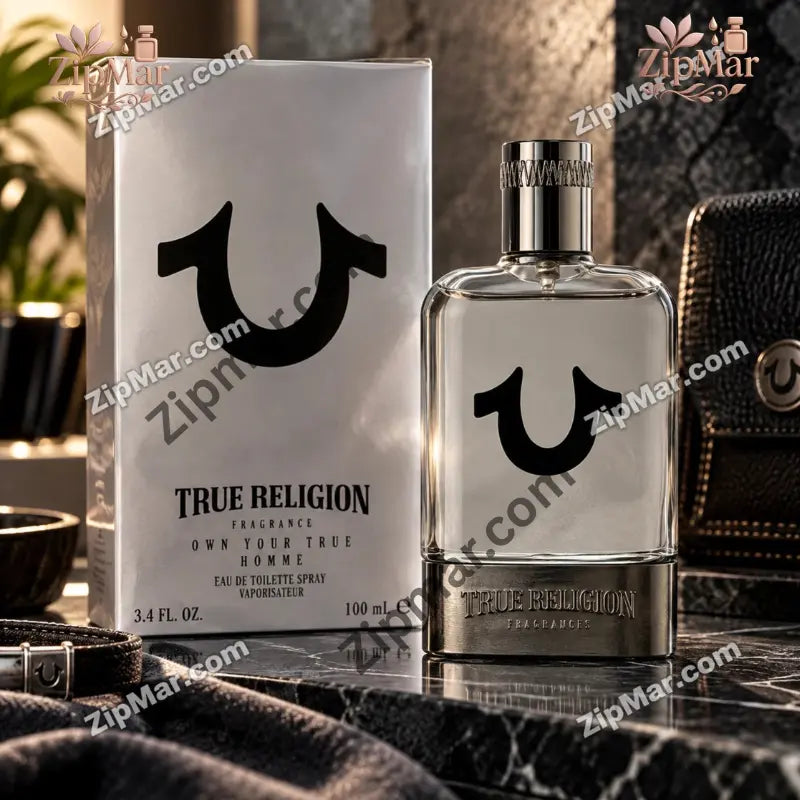 True Religion Own Your True Homme eau de toilette 3.4 oz box next to the glass bottle with horseshoe logo