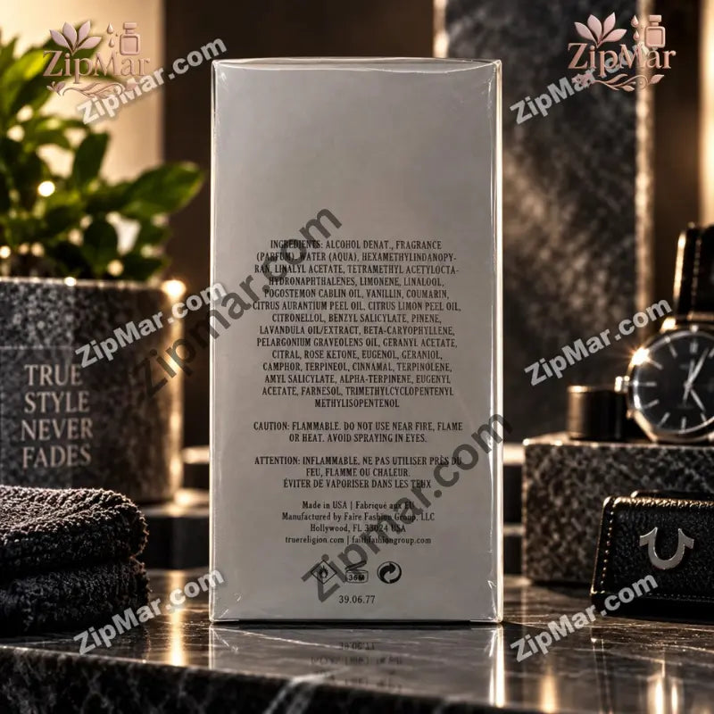 Back of True Religion Own Your True Homme box with ingredients, flammable caution and Made in USA