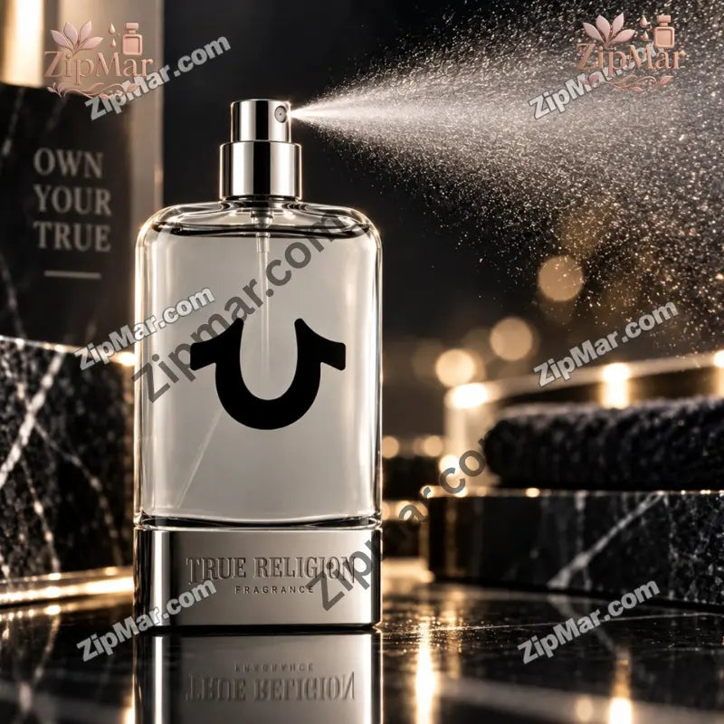True Religion Own Your True Homme eau de toilette bottle spraying a fine mist