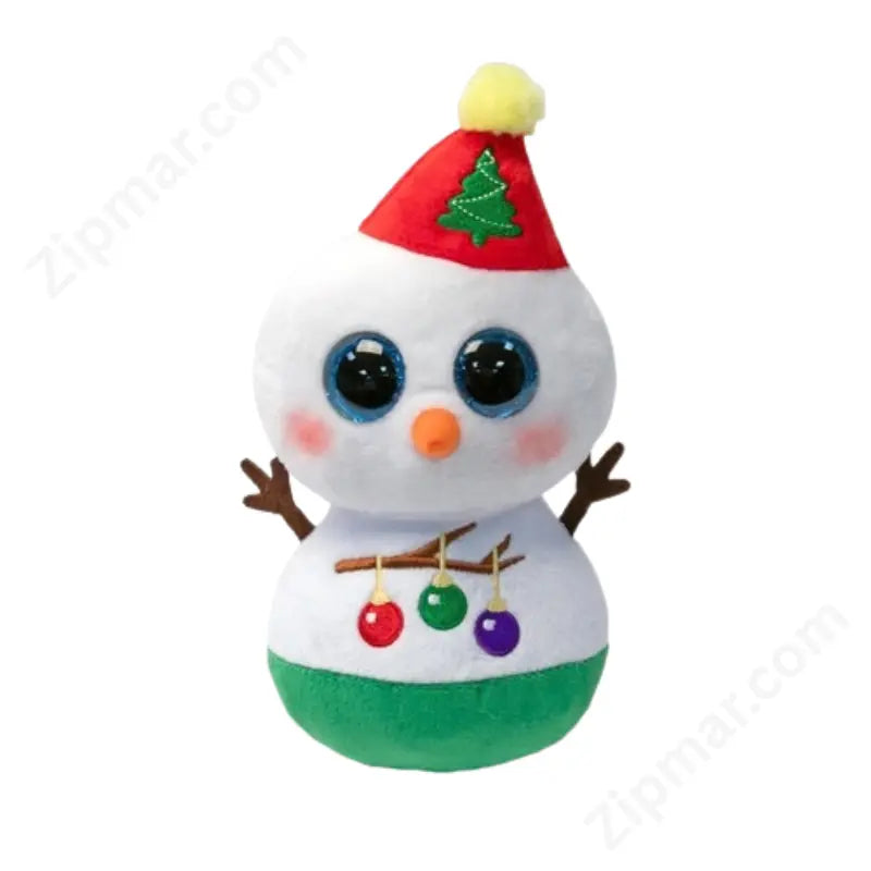 TY Beanie Boos Brrrnie Christmas snowman 6-inch plush front view with sparkly blue glitter eyes, red Santa hat with tree embroidery, and holiday ornaments on belly